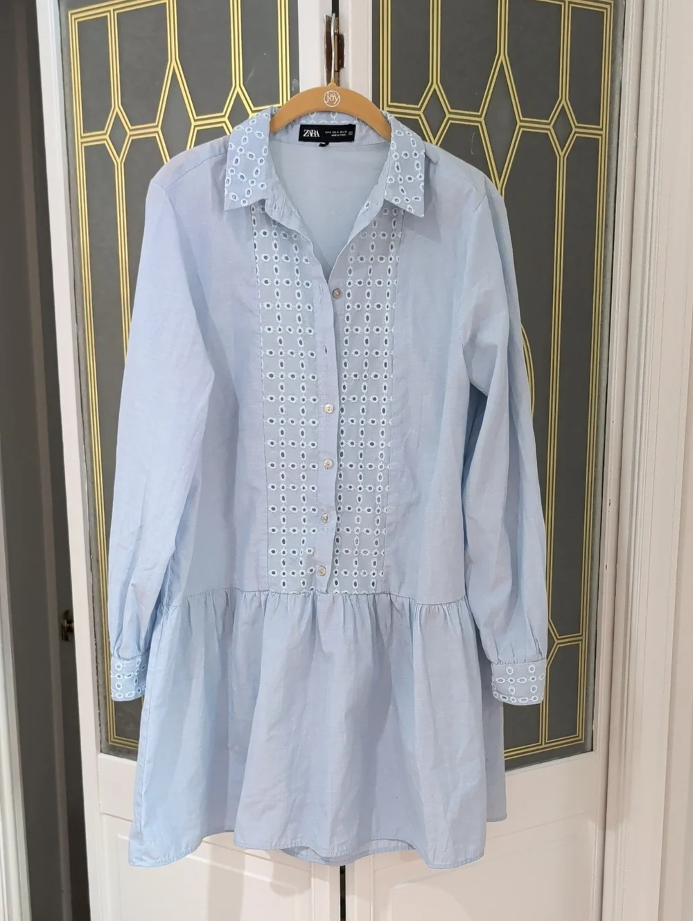 Zara Pale Blue Eyelet Cotton Long-Sleeve Shirt Dress